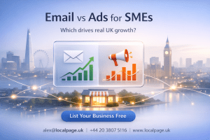 Minimal UK business growth concept comparing email marketing and paid ads for SMEs with London skyline and digital analytics interface