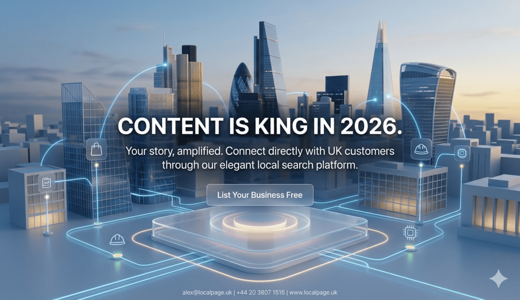 Premium 3D render of connected London skyline with business icons.